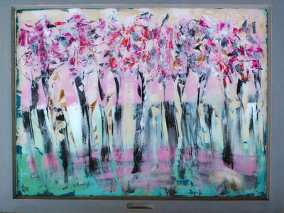Abstract painting using pinks and teals called Blushing. This is an original work of art by Sheri Munce (a.k.a. "She") using the technique of reverse painting on glass.
