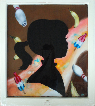 Painting of the silhouette of a girl with bowling pins, bananas and bomb pops called Reflection. This is an original work of art by Sheri Munce (a.k.a. "She") using the technique of reverse painting on glass.